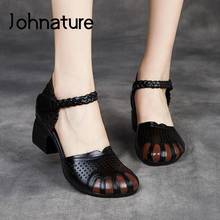 Johnature Genuine Leather Women Sandals 2022 New Hook & Loop Print Retro Sewing Handmade Concise Leisure Hollow Ladies Shoes 2024 - buy cheap