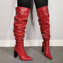Zapatos plisados de cuero rojo para mujer, botas por encima de la rodilla con punta estrecha, zapatos de plataforma, talla grande 47 2024 - compra barato