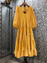 Женское платье с вышивкой, Повседневное платье из 100% хлопка в богемном стиле, с V-образным вырезом и длинным рукавом, белого и желтого цвета, весна-лето 2021 2024 - купить недорого