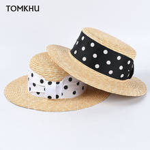 New Summer Hat Flat Top Natural Straw Boater Hat Women Female Beach Sun Hats White Black Dot Ribbon Chapeu Feminino Cape Sun Hat 2024 - buy cheap