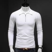 Camisa polo masculina, camisa polo de manga longa branca, moderna, algodão mercerizado, gola com zíper, roupa casual outono 2024 - compre barato