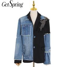 GetSpring Women Coat Irregular Denim Jacket Mesh Sequins Stitching Detachable Half Sleeve Jean Jackets Fashion Ladies Denim Coat 2024 - buy cheap