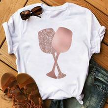 Maycaur-Camiseta Kawaii de oro rosa con estampado de copas de vino para mujer, ropa blanca informal para mujer, ropa para mujer 2024 - compra barato