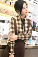 Camisa xadrez retrô feminina, camiseta vintage, de algodão, com manga longa, para mulheres, plus size 2024 - compre barato