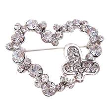 Silver Plated Rhinestone Crystal Heart and Butterfly brooch 2024 - buy cheap