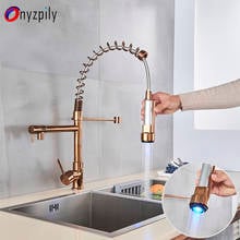 LED  Rose Golden Kitchen Faucet Cold And Hot Water Pull Down Spring Kitchen sink faucet Dual Swivel Spout Torneira Mixer Tap 2024 - buy cheap