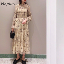 Neploe Bohemian Holiday Print Dress Women High Waist Hip A Line Slim Long Vestidos O Neck Long Sleeve Robe Spring 2022 New 2024 - buy cheap