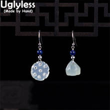 Uglyless China Chic Lotus Earrings for Women Natural Jade Asymmetric Earrings 925 Silver Tassels Ethnic Jewelry Lapis Brincos 2024 - buy cheap