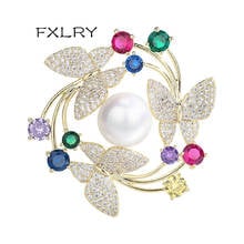 FXLRY New Design Fashion Grade Round Shape multicolor Cubic Zirconia Crystal Three Butterfly Pearl Pins Brooch Women Jewelry Ac 2024 - buy cheap