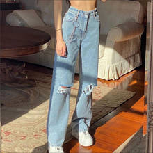 Женские модные стильные брюки, однотонные рваные джинсы с цепочками, летние женские прямые длинные брюки на молнии с завышенной талией для похудения 2024 - купить недорого
