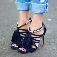 Summer Chains Strap with Tassel Sandals Thin High Heel Sandals Fashion Navy Blue Suede Gladiator Peep Toe Woman Party Dress Heel 2024 - buy cheap