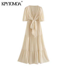 KPYTOMOA Women 2020 Chic Fashion With Bow Tied Polka Dot Midi Dress Vintage V Neck Short Sleeve Female Dresses Vestidos Mujer 2024 - buy cheap