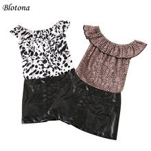 Blotona Fashion 2Pcs Toddler Girls Summer Outfits, Off Shoulder Leopard Print Bodysuit Tops+ Leather Skirt Set 0-18Months 2024 - buy cheap
