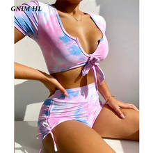 High Waist Bandage Print Bikini Swimsuit Women 2021 Sexy V Neck Short Sleeve Swimwear Push Up Sport Swim Bather Suit Biquini Set 2024 - buy cheap