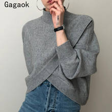 Gagaok coreano camisola feminina malha high street 2020 primavera outono nova gola alta curto sólido criss-cruz solta chique selvagem pullovers 2024 - compre barato