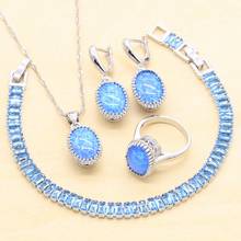 Conjuntos de joyería de Color plateado clásico para mujer, anillo de ópalo azul, pendientes, collar, pulsera, regalo de joyería de boda de Navidad 2024 - compra barato