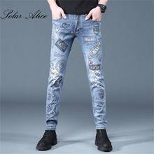 Calça jeans masculina de quatro estações, nova estampa, cintura média, slim, stretch, calça casual para jovens, 2021, frete grátis 2024 - compre barato