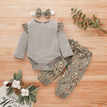 Infant Baby Girls Ruffles Solid Romper Bodysuit+Floral Pants+Headband Outfits Long Sleeve Round Neck Infant Clothing 2019 2024 - buy cheap