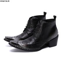 Botines de piel auténtica para hombre, zapatos de tacón grueso, botas de vaquero con punta de hierro y cordones 2024 - compra barato
