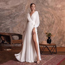 Vestido de novia plisado de manga larga, prenda blanca de gasa con escote en V, hasta el muslo, lo último en 2021 2024 - compra barato