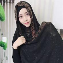 Alta qualidade quente das mulheres muçulmanas cor sólida diamantes chiffon hijabs longo georgette cachecol xales islâmico headwear envolve cachecóis 2024 - compre barato