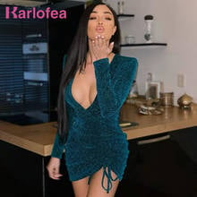 Karlofea Lady Glitter Sparking Nightclub Wear Sexy Deep V Neck Long Sleeve Party Dresses Chic Side Drawstring Ruched Wrap Dress 2024 - buy cheap