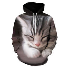 Толстовка с капюшоном для мужчин и женщин, милый Свитшот оверсайз с 3D рисунком кота, пуловер с длинным рукавом, кофта с капюшоном 2024 - купить недорого