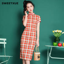 SWEETXUE Women 2020 New Young Retro Chinese Style Cheongsam Old Shanghai Daily Slim Plaid Leisure Elegant Dresses vestidos 2024 - buy cheap
