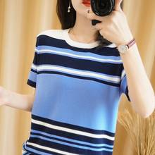 O-neck knitted basic top ladies summer loose casual T-shirt basic sexy streetwear striped black short-sleeved plus size top 2024 - buy cheap