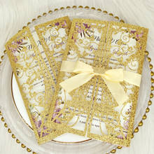 50 invitaciones de boda de corte láser de Torre dorada con cinta y corona brillante tarjetas de invitación imprimibles para invitaciones de Graduación 2024 - compra barato