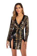 Hot Women sexy split v-neck nightclub wear sequin party dress gorgeous Long-sleeved zipper evening mini dress black short dress 2024 - buy cheap