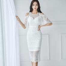 Elegant OL Office Lady Dress 2020 Sprin High Waist Slim Batwing Sleeve White Lace Stitching Decoration Party Dress Women 2024 - buy cheap