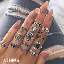 JShine-Conjunto de anillos de boda para mujer, set de 15 unids/set con flores de loto, esmalte negro, Color plata antigua, cristal a media pierna, joyería 2024 - compra barato