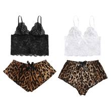 Women Sexy 2 Pieces Lingerie Pajamas Set Spaghetti Strap Sheer Lace Camis Top Leopard Hot Shorts Bow Sleepwear Nightwear 2024 - buy cheap