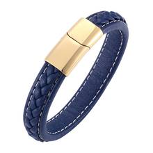 Trendy Men Jewelry Accessories Blue Leather Rope Bracelet Gold Stainless Steel Magnetic Clasp Punk Male Leather Wristband SP0216 2024 - buy cheap