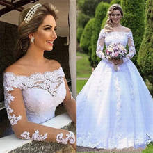 Vestidos de noiva elegante princesa renda vestidos de casamento 2020 fora do ombro mangas compridas frisado vestidos de noiva apliques 2024 - compre barato