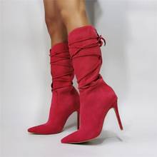 Новейший дизайн, женские модные темно-красные сапоги до колена, женские длинные сапоги на высоком каблуке с острым носком и шнуровкой, реальные фотографии 100% 2024 - купить недорого
