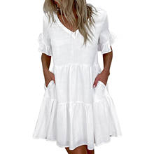 Vestido feminino de verão, gola v, moda plissada, manga curta, plissado, mini vestido, camiseta solta, vestidos brancos, robe femme, 2021 2024 - compre barato