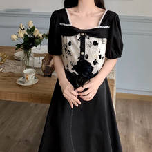 Bella 2021 novos vestidos de verão das mulheres preto gola quadrada puff manga vintage a line vestido feminino estampado roupas coreanas 2024 - compre barato