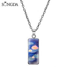 Classic Water Lily Statement Art Paintings Pattern Rectangular Necklace Handmade Glass Dome Necklaces For Women Jewelry Gifts 2024 - buy cheap
