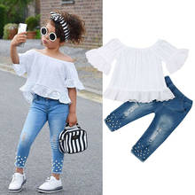 1-6 Years Kids Baby Girls Clothes Set Off Shoulder White Lace Tops Shirt Pearl Denim Long Pants Jeans Toddler Set Girls Outfits 2024 - buy cheap