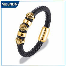 MKENDN New Genuine Braided Leather Bracelet Men Leo Lion Skull Stainless Steel Magnetic Clasp Bangles Fashion Punk Male Jewelry 2024 - buy cheap