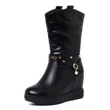 Strap Pearl Wedge Heel Platform Mid-Calf Boots Warm Inner Lining Waterproof Platform Mid-Top Boots Inner Height Rivet Shoes 2024 - buy cheap