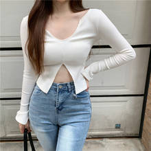 long sleeve V neck white knitted ribbed black sexy corset crop top 2021 summer cropped t shirt longsleeve women fashion tee C244 2024 - buy cheap