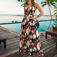 Summer Beach Dress Sexy Sleeveless V Neck Ladies Split Sundress Women Floral Print Long Maxi Dress Bohemian Party Dresses 2024 - buy cheap