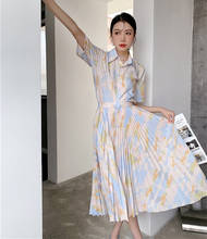 2021 Summer Tie Dye Printed Short Sleeve Shirt Top + High Waist Pleated Long Skirt Women Korean Fashion 2-Piece Suits 2024 - buy cheap