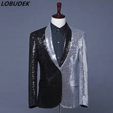 Men Silver Black Splicing Sequins Blazer Fashion Slim Suit Jackets Shawl Collar One Button Coat Singer Nightclub Stage Costume 2024 - buy cheap