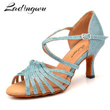 Ladingwu Hot Salsa Dance Shoes Women Light Blue Glitter cloth Latin Ballroom Party Soft Bottom Dance Shoes Heel 6-10cm 2024 - buy cheap