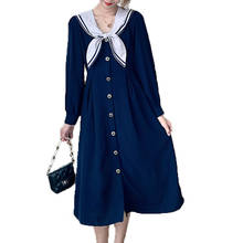 Bow Long Cute Sweet Navy Blue Oversized Plus Large Size Sukienka Vintage Party Women'S Dress For Clothes 2020 Spring Autumn 6454 2024 - buy cheap