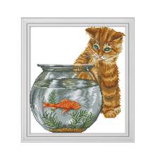Cat and fish cross stitch kit aida 14ct 11ct count print canvas cross stitches   needlework embroidery DIY handmade 2024 - buy cheap